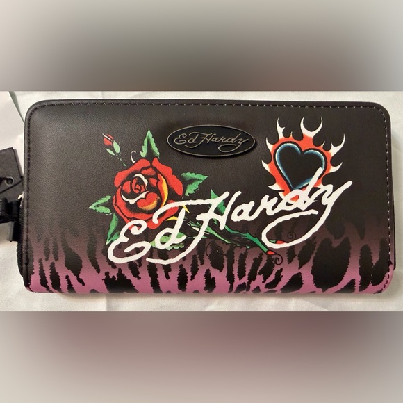 Ed Hardy Handbags - Ed Hardy Black and Pink Graphic Wallet